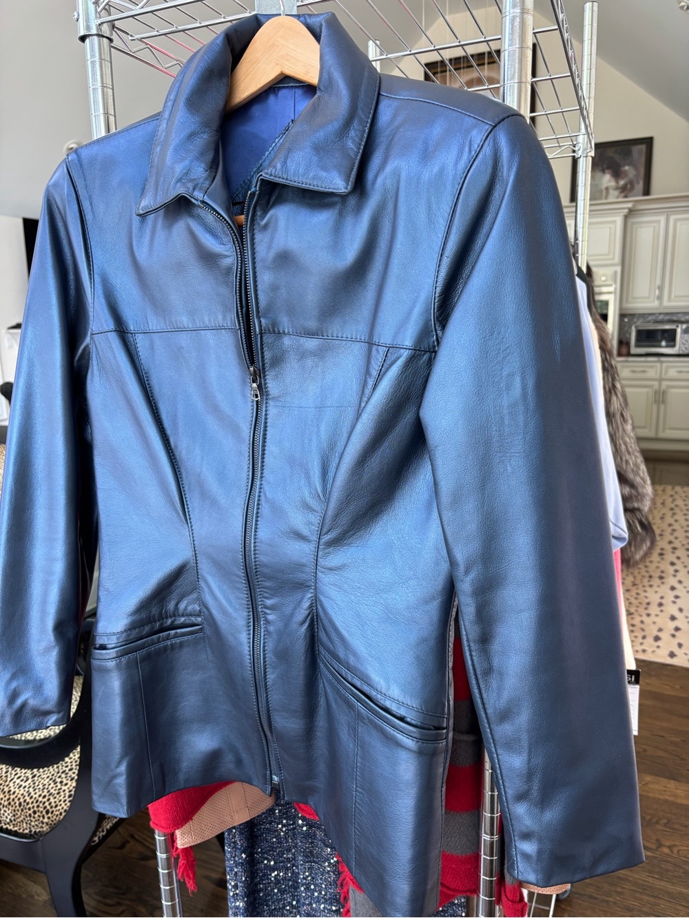 Michael Hoban Metallic Blue Leather Zip Jacket